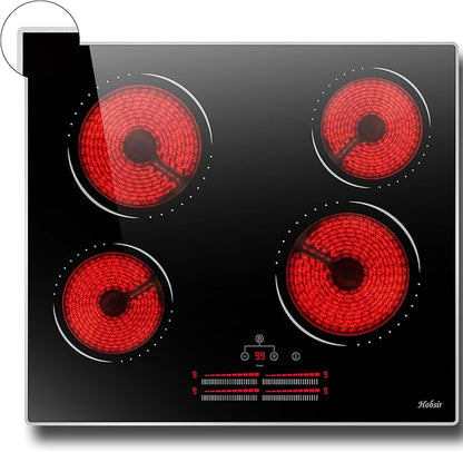 Hobsir 24 Inch Electric Cooktop 4 Burner 6000W, 24" Radiant Electric Stove Top, Built-in Ceramic Stove Top with Sliding Control, Timer, Safety Lock, 9 Power Levels, 220V-240V Hard Wire (No Plug)