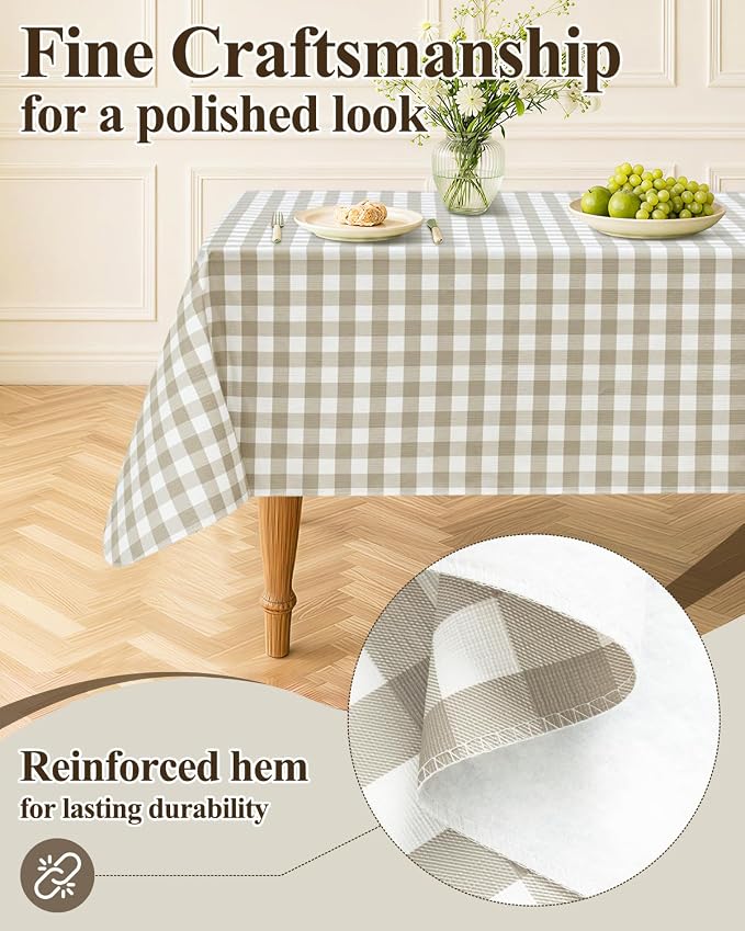 Seenus Khaki Gingham Card Table Tablecloth with Flannel Backing, Waterproof & Easy Clean Farmhouse Decor, Rustic Checkered Table Cloth for Family Dining & Summer BBQ, Square 52 x 52 Inch