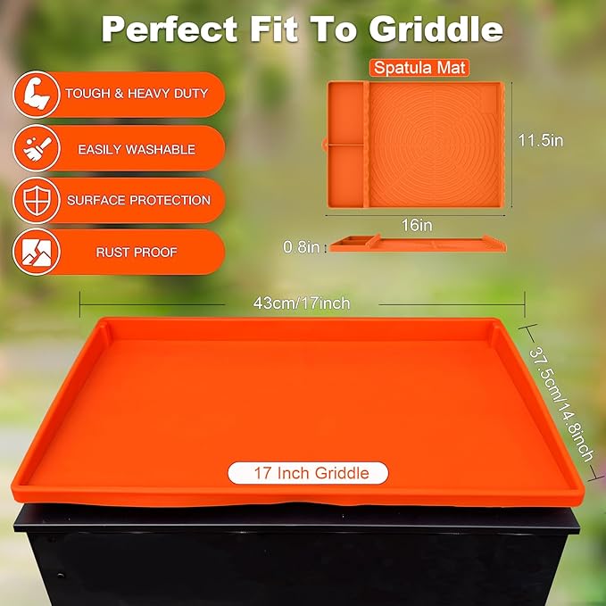 Full-Edge 17" Silicone Griddle Cover, with 16" Silicone Spatula Mat, Compatible with Blackstone Griddle, Perfect All-Season Outdoor Protection Combination