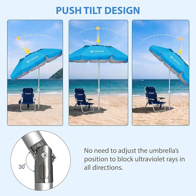 AMMSUN 6ft Folded Portable Travel Beach Umbrella with Sand Anchor Tilt Air vent UPF 50+UV Protection Fit In Suitcase Compact Foldable Telescopic umbrellas for Patio Garden Beach Pool Sky Blue