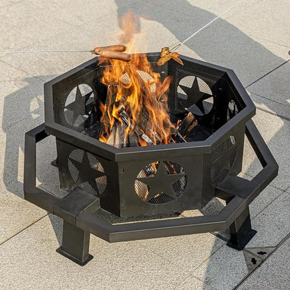 Panovue 35 inch Fire Pit for Outside, Heavy Duty Wood Burning Fire Pits with Fire Poker, Outdoor Octagonal Firepit for Camping, Yard, Patio
