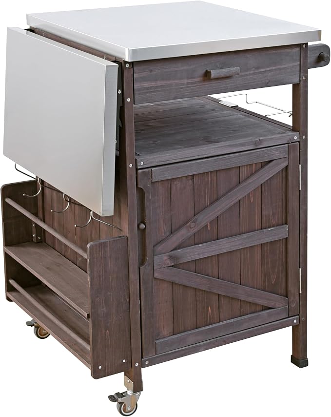 YOPTO 40.5" Outdoor Grill Cart,100% Fir Wood,Stainless Steel Top,Drop Leaf,Lockable Wheels,Towel Rack,Drawer,Rolling Kitchen Cart for Lawn & Garden,Brown