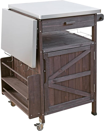 YOPTO 40.5" Outdoor Grill Cart,100% Fir Wood,Stainless Steel Top,Drop Leaf,Lockable Wheels,Towel Rack,Drawer,Rolling Kitchen Cart for Lawn & Garden,Brown