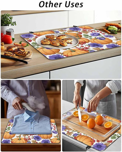 Orange Pumpkin Fall Stove Top Cover for Electric Stove, Thanksgiving Purple Floral Farmhouse Heat-proof & Non Slip Glass Top Stove Cover Protector, Kitchen Flat Cooktop Rubber Mat 31x24 Inches