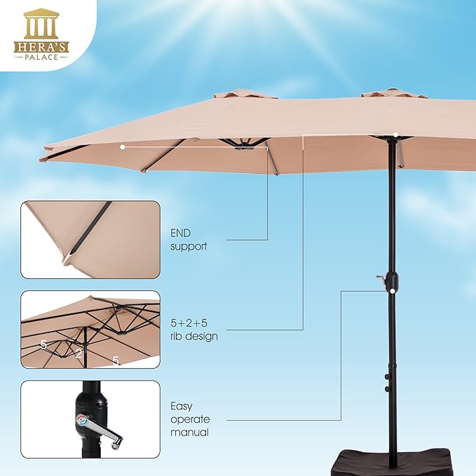 HERA'S PALACE 15ft Patio Umbrella, Base Included, Rectangular, Beige | outdoor, table, large, 15, rectangle, double, pool, stand, clearance, outside, triple, shade, sun