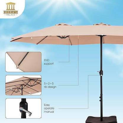HERA'S PALACE 15ft Patio Umbrella, Base Included, Rectangular, Beige | outdoor, table, large, 15, rectangle, double, pool, stand, clearance, outside, triple, shade, sun