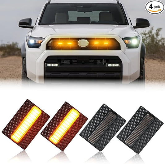 4pc Smoked Housing Amber LED Front Centra Grille Lights DRL Feature Kit for Toyota 4runner 2025 SR5,OEM Grill Led Grill Light for 4Runner Accessories（Only for SR5）（Smoked）