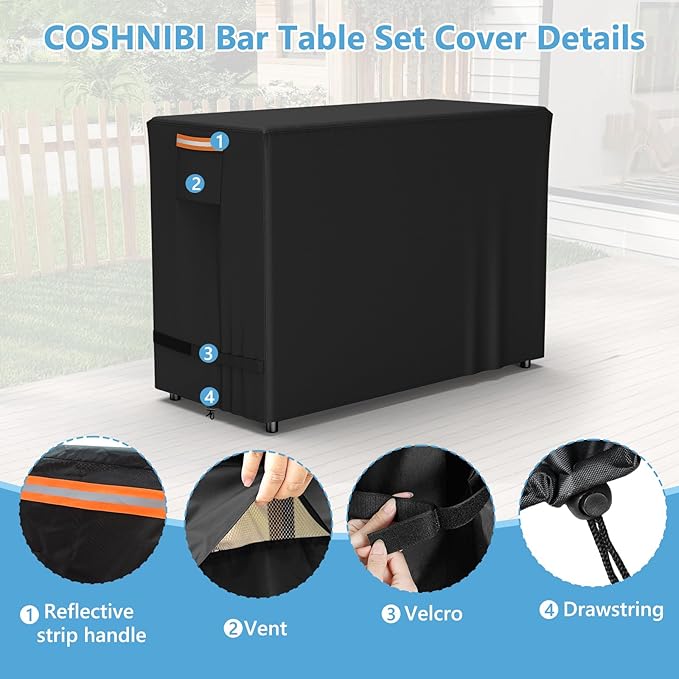 COSHNIBI Bar Height Patio Swivel Set Cover for 3 Pieces Patio Bar Dining Table and Chairs Set, Heavy Duty Waterproof Patio Bar Set Cover for 2 Person Outdoor Bar Height Sets,70"L x 32"W x 47"H,Black