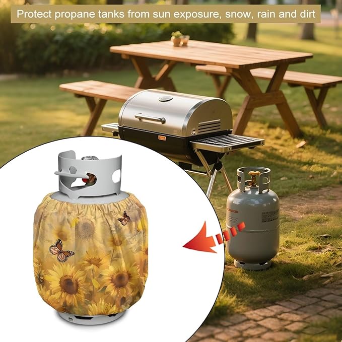 Sunflower Butterfly Propane Tank Cover Fits Standard 20 lb Tank Cylinde Travel Trailer Propane Covers with Elastic Slip in Gas Cover Water & Wear-Resistant for Outdoor and Indoor Use