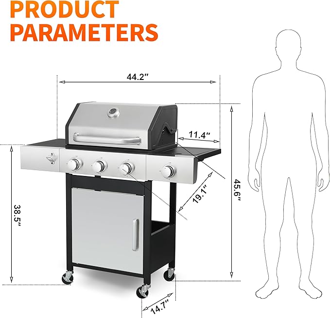 3-Burner Propane Gas Grill for Backyard - 39,000 BTU BBQ with Side Burner, Porcelain Cast Iron Grates, Stainless Steel Outdoor Grill for Camping & Tailgating, Fast Heating