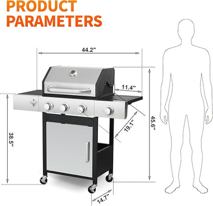 3-Burner Propane Gas Grill for Backyard - 39,000 BTU BBQ with Side Burner, Porcelain Cast Iron Grates, Stainless Steel Outdoor Grill for Camping & Tailgating, Fast Heating