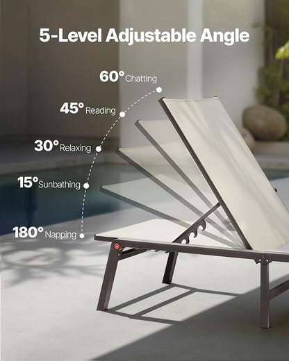 VEVOR Outdoor Chaise Lounge Chair Set of 2, 400 lbs Weight Capacity, Foldable Sun Tanning Chair, 5 Adjustable Positions, Easy Assembly, Aluminum Pool Recliner Lounge Chairs, for Beach Yard Patio