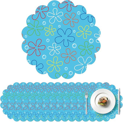 100 Pcs Beach Paper Placemats, Sea Sponge Birthday Party Supplies, 13.5 Inch Blue Flower Placemats Under the Sea Round Scalloped Disposable Placemat for Baby Shower Summer Ocean Theme Party Favors