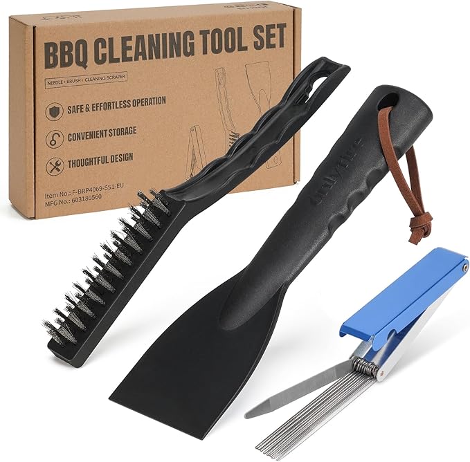 onlyfire Professional BBQ Cleaning Kit, Stainless Steel Burner Cleaner Needles, Heavy-Duty Grill Brush & Plastic Scraper for Unclogging Burners, Scrubbing Grates & Removing Grease -3PCS