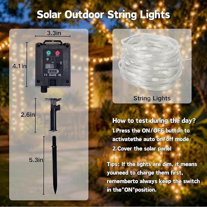 Solar String Lights, 33FT 100LED Warm White | IP65 waterproof, solar powered, 8 lighting modes. Fairy lights for garden, patio, backyard, tree, party decoration.