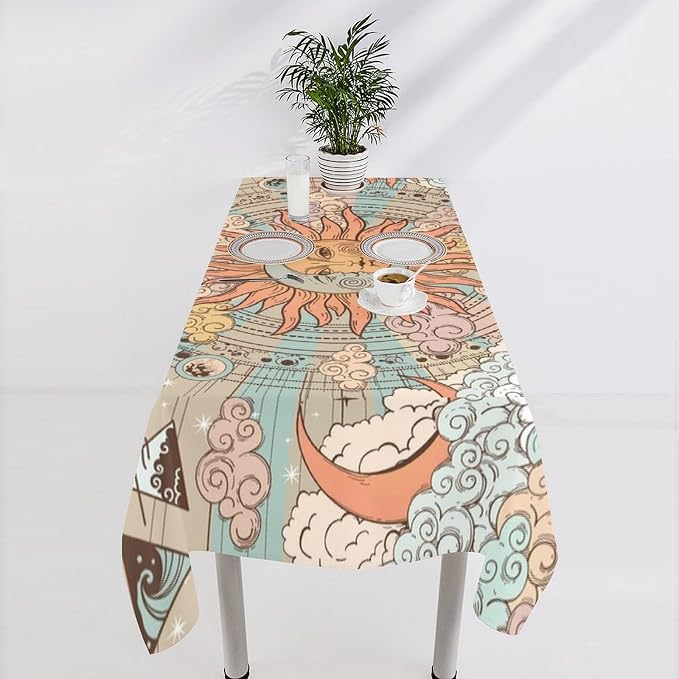 Retro Sun Moon Tablecloth Vintage Mystical Astrology Tarot Zodiac Galaxy Space Table Cloth Water Resistant Wipeable Table Cover for Farmhouse Picnic Party Holiday Kitchen Dinner Table 60"x90"