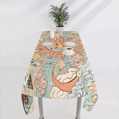 Retro Sun Moon Tablecloth Vintage Mystical Astrology Tarot Zodiac Galaxy Space Table Cloth Water Resistant Wipeable Table Cover for Farmhouse Picnic Party Holiday Kitchen Dinner Table 60"x90"