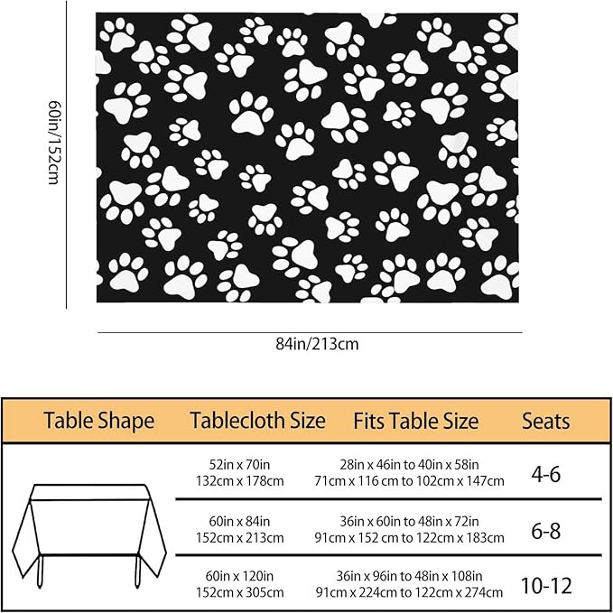 TKS MITLAN Dog Paw Tablecloth 60x84 Inch Rectangular Black White Cat Footprint Dog Paw Prints Oblong Table Cloth Kitchen Table Decorations for Home Dinner Party
