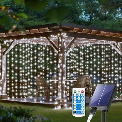 Solar Curtain Lights 10*10Ft 300LED Waterproof Waterfall Light with 8 Modes Remote Type C Charging Dimmable Timer Twinkle Fairy String Lights for Outdoor Christmas Gazebo Wedding Party Pergola Patio
