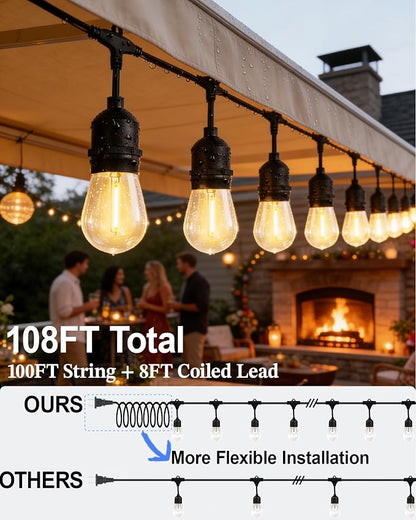 Gmnee 100FT Outdoor String Lights for Patio, Balcony & Porch – 64 LED Edison Bulbs (1.6FT Spacing), Dimmable Heavy-Duty Patio Lights for Backyard, Gazebo, Bistro, Party and Garden Decor (Plug in)