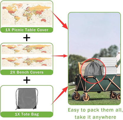 JAWO World Map Picnic Table Cover with Bench Covers, Camper RV Essentials Gear Supplies Outdoor Waterproof Windproof Tablecloth with Elastic, 30X96in