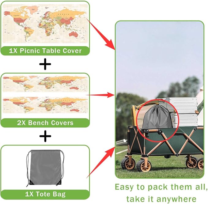 JAWO World Map Picnic Table Cover with Bench Covers, Camper RV Essentials Gear Supplies Outdoor Waterproof Windproof Tablecloth with Elastic, 30X60in