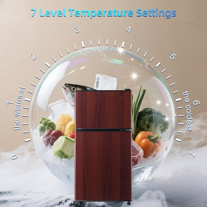 Dorm Fridge with Freezer, Small Refrigerator 3.45 Cu. Ft. with Freezer | 7-Level Temperature Adjustable Apartment Size Fridge with Removable Shelves for Kichen, College, Office, Apartment, Wood