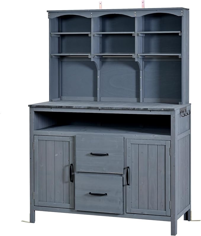 Merax 45.3" Large Outdoor Fir Wood Potting Bench with Storage, Multi-Functional Patio Kitchen Island with 6-Shelf Hutch+2 Cabinets+2 Drawers+3 Hooks, Garden Workstation for Planting, Gardening, Gray