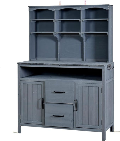 Merax 45.3" Large Outdoor Fir Wood Potting Bench with Storage, Multi-Functional Patio Kitchen Island with 6-Shelf Hutch+2 Cabinets+2 Drawers+3 Hooks, Garden Workstation for Planting, Gardening, Gray