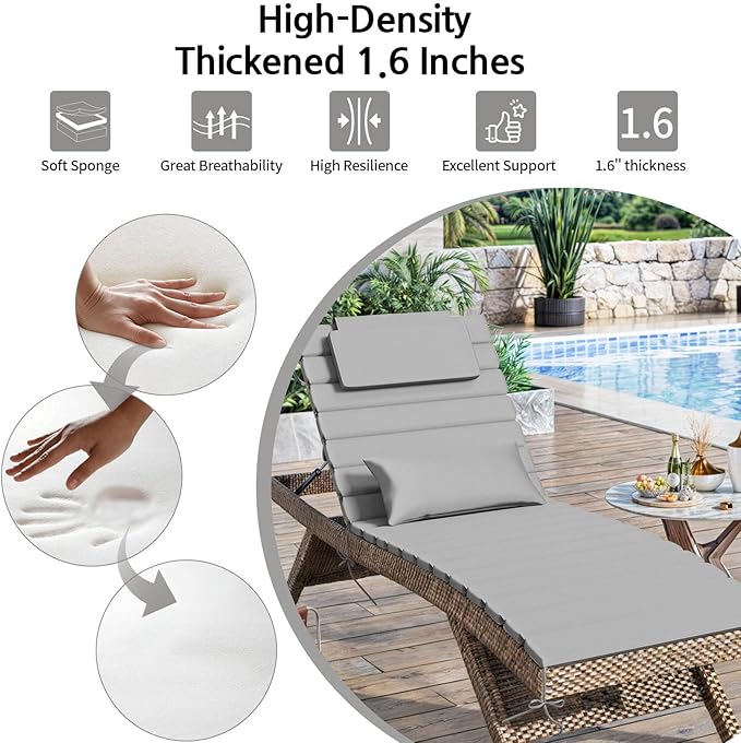 2 Sets of Outdoor Water-Resistant Olefin Chaise Lounge Cushions with Headrest and Pillow, Weather and Fade Resistant Foldable Quilted Lounge Chair Pads with Straps, Light Gray, 73" L x 22" W
