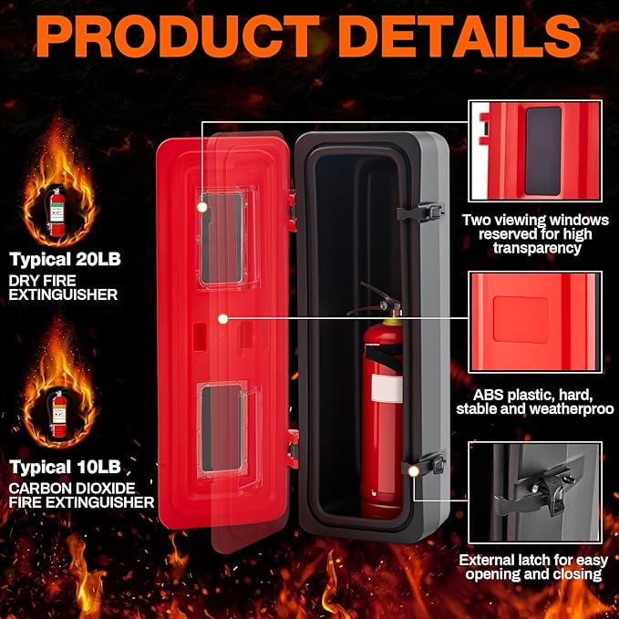 DoubleFill 10 lb 20lb Fire Extinguisher Cabinet Box with Internal Rope Fastening and External Latch Sturdy Plastic Holder Case Vandal-Resistant Weatherproof Protect Indoor Outdoor (33 x 12 x 10 in)