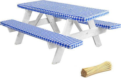 LINPRO Premium Picnic Table Cover with Bench Covers Vinyl Fitted Picnic Table Covers with Elastic RV Camping Accessories and Camper Must Haves Waterproof (Blue Gingham, 96 x 30(8ft))