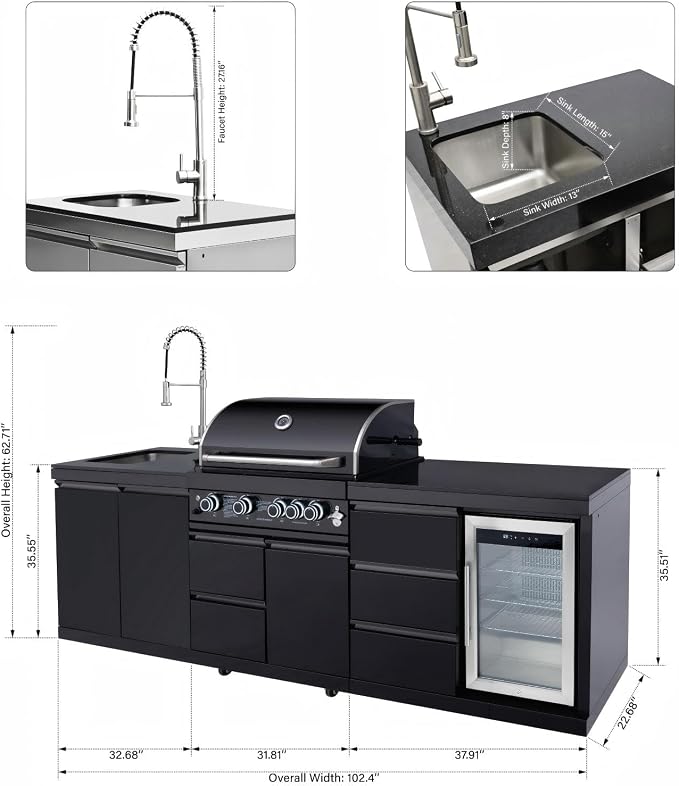 102.4'' Outdoor Kitchen Island, All-In-One 4 Burner Modular Outdoor Kitchen for Backyards, 59500 BTU, BBQ Grill with 304 Stainless Steel, Black Outdoor Kitchens with Sink, Refrigerator