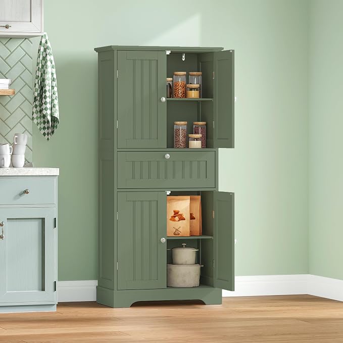 ChooChoo 51" H Bathroom Floor Cabinet with Drawers and Adjustable Shelves | Bathroom Storage Cabinet, Freestanding Kitchen Pantry Cupboard with 4 Doors for Living Room, Green
