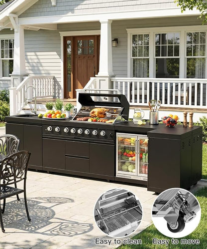 BBQ Outdoor Kitchen Island Grill Barbecue Modular Patio Kitchens Kits with Electric Rotisserie, Sink, fridge, and Burner for More than 15 People