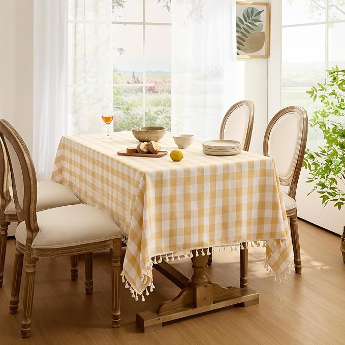 Softalker Checkered Tablecloth Rectangle, Outdoor Linen Cotton Gingham Table Cloth with Tassel, Heavy Duty Wrinkle Free Buffalo Plaid Table Cover for Kitchen Dining Summer Party - 55 x 70 Inch, Yellow