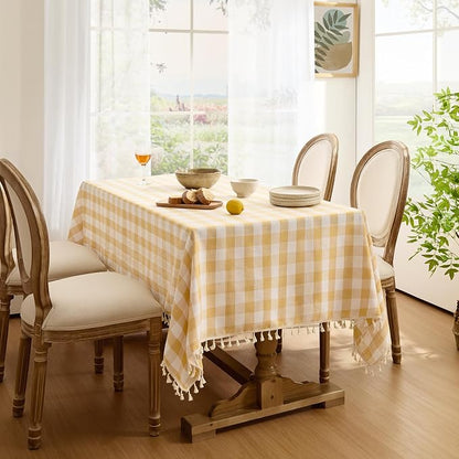 Softalker Checkered Tablecloth Rectangle, Outdoor Linen Cotton Gingham Table Cloth with Tassel, Heavy Duty Wrinkle Free Buffalo Plaid Table Cover for Kitchen Dining Summer Party - 55 x 84 Inch, Yellow