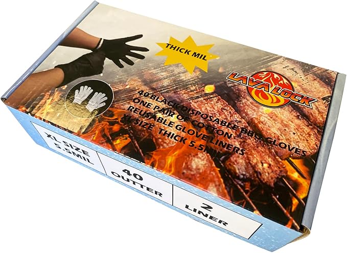 LavaLock Heavy Duty Thick 5.5 Mil Black Disposable Nitrile BBQ Gloves with 2 cotton liners for outdoor cooking and BBQ