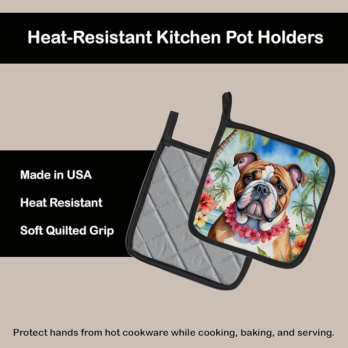 Caroline's Treasures English Bulldog Luau Pair of Pot Holders Kitchen Heat Resistant Pot Holders Sets Oven Hot Pads for Cooking Baking BBQ, 7 1/2 x 7 1/2
