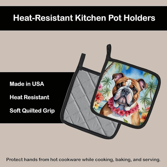 Caroline's Treasures English Bulldog Luau Pair of Pot Holders Kitchen Heat Resistant Pot Holders Sets Oven Hot Pads for Cooking Baking BBQ, 7 1/2 x 7 1/2