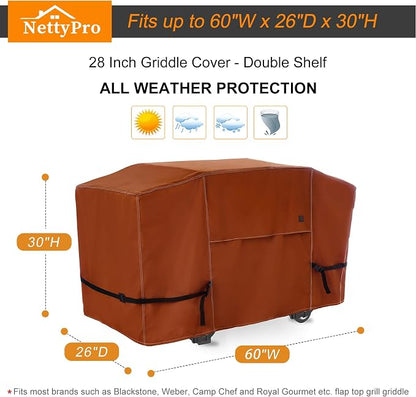 NettyPro Griddle Cover for Blackstone 28 inch Griddle Waterproof Heavy Duty 2 Burner Flat Top Gas Grill Cover 28" Cooking Station Camping, Brown