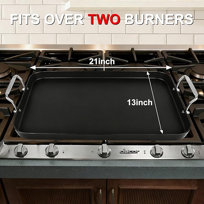 21" x 13" Cast Iron Griddle Pan, Non-Stick Stove Top Flat Plate with Stainless Steel Handle for Gas Grill, Camping, BBQ, Smooth Surface Double Burner Cookware