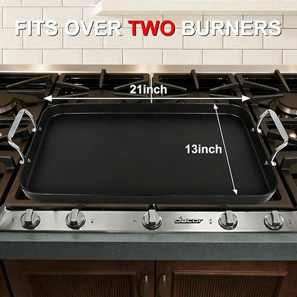 21" x 13" Cast Iron Griddle Pan, Non-Stick Stove Top Flat Plate with Stainless Steel Handle for Gas Grill, Camping, BBQ, Smooth Surface Double Burner Cookware