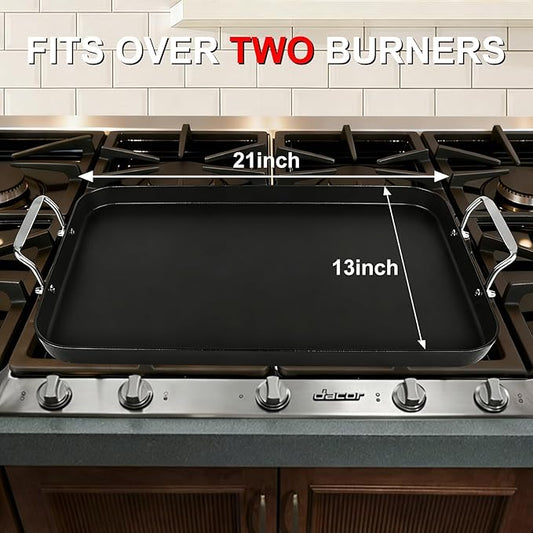 21" x 13" Cast Iron Griddle Pan, Non-Stick Stove Top Flat Plate with Stainless Steel Handle for Gas Grill, Camping, BBQ, Smooth Surface Double Burner Cookware