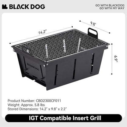 BLACKDOG IGT Compatible Insert Grill, Foldable Carbon Steel Charcoal Module for Modular Camp Kitchen System, Rapid Setup Handles, 14.2" x 9.8", Perfect Flush Fit