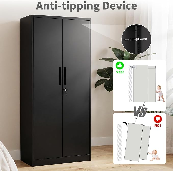 Metal Storage Cabinet with Lock, 72"H Garage Storage Cabinet, Black | Storage Cabinet with 2 Doors and 4 Adjustable Shelves, Steel Locking File Cabinet for Garage Office Home, 72"H x 18"D x 35"W