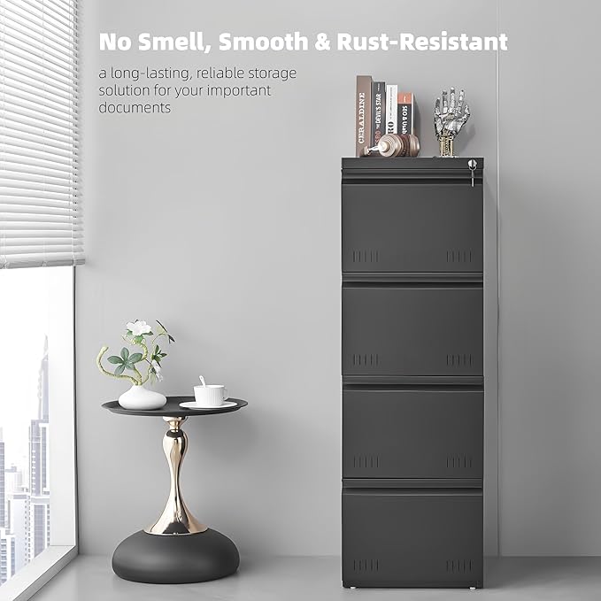 Approgreent Vertical 4 Drawer File Cabient with Lock, Metal Filing Cabinets for Home Office, Heavty Duty Office Storage Cabinet for A4/Letter/Legal (Matte Black)