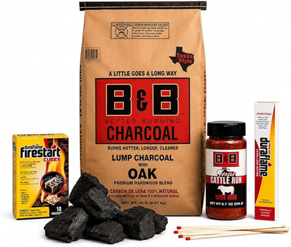 B&B Better Burning Texas Style Lump Charcoal BBQ Gift Bundle with 20 lb Oak Lump Charcoal, Duraflame Firestart Cubes, Texas Cattle Run Beef Rub & Extra Long Grill Matches