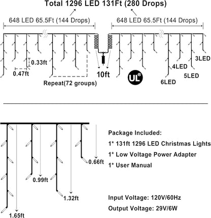 1296 LED 131FT Christmas Icicle Lights, 288 Drops, Twinkle Lights, 8 Modes | Blue icicle string lights with timer and weather-resistant construction for rooflines, wide eaves, storefronts and events.
