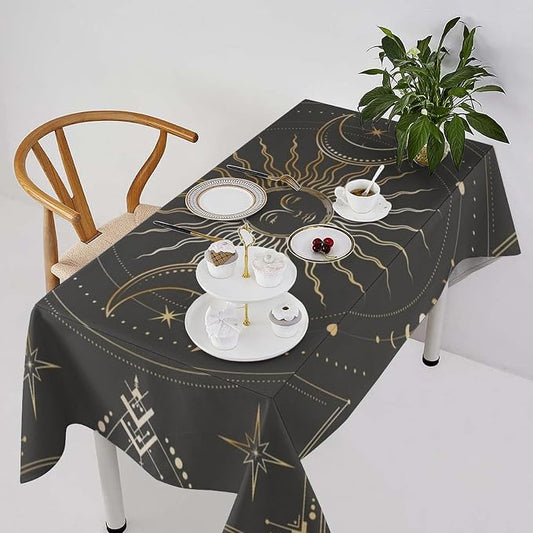 Vintage Sun Tablecloth Boho Celestial Star Magical Galaxy Space Moon Phases Table Cloth Water Resistant Wipeable Table Cover for Farmhouse Picnic Party Holiday Kitchen Dinner Table 55"x75"